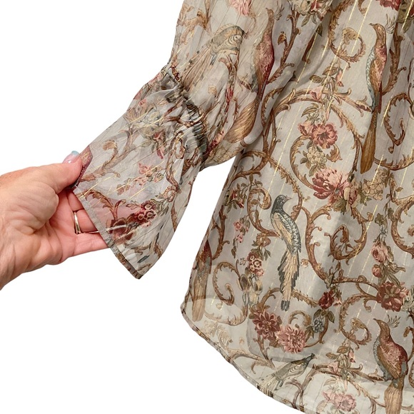 Soft Surroundings Aitana Dusty Pink Bird Floral Sheer Metallic Blouse M - Picture 6 of 10
